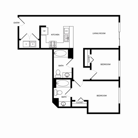 Floor plan for 2 beds, 2 baths, 938 sqft